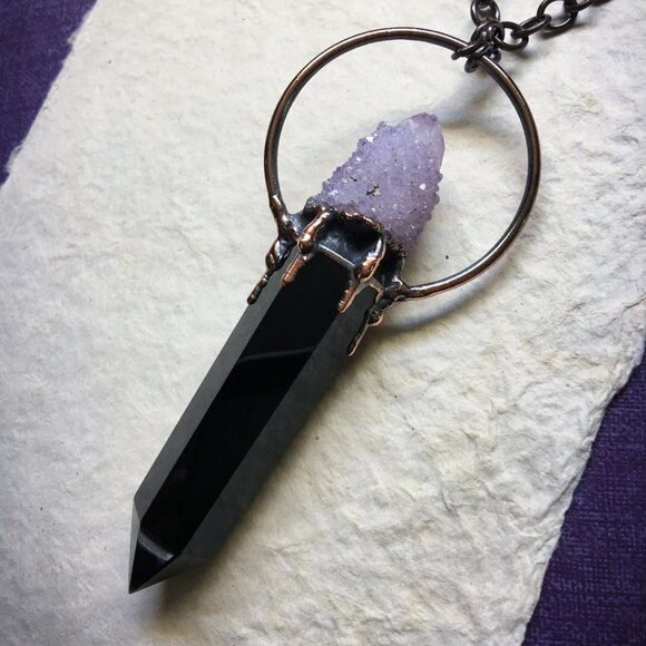 Obsidian, Spirit Amethyst Necklace in Electroformed Copper | Evening Star Amulet - Picture 2 of 12